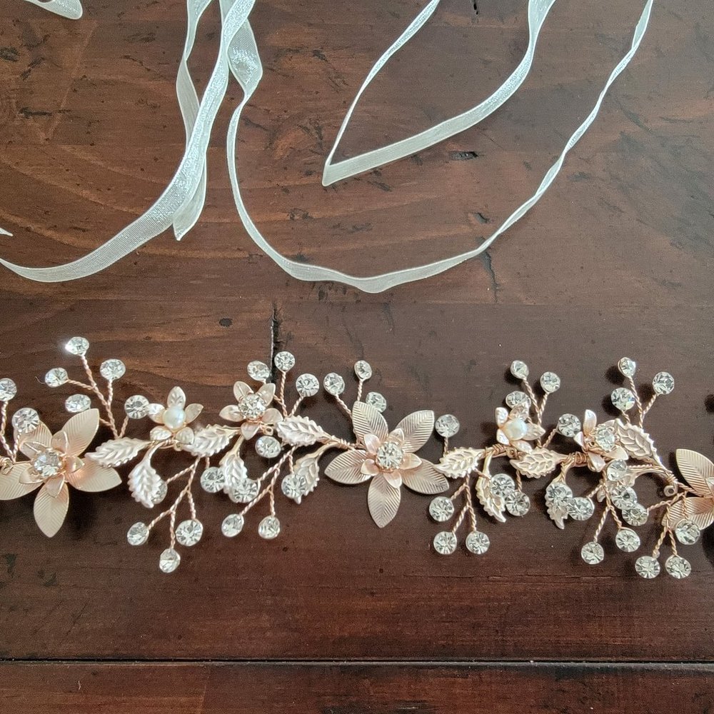 David's Bridal Rose Gold Jeweled Floral Motif Crystal belt with ribbon tie